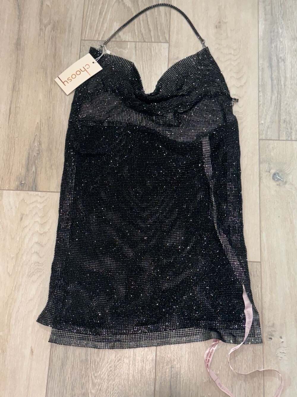Black Crystal Rhinestone Mesh Mini Dress Chain Strap Y2K Glam Party XS